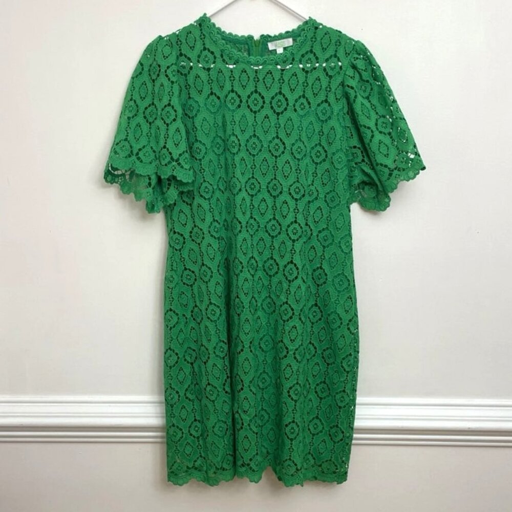 Jade Melody Tam Shift Dress Women's L Green Lace Overlay Eyelet Scalloped Edges